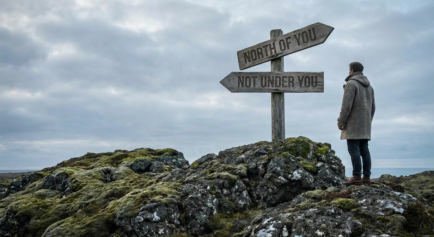 Person standing on moss-covered rocks looking at wooden directional sign reading 'North of You, Not Under You' with compass rose overlay